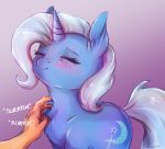  2020 absurd_res blue_body blue_fur blush buttersprinkle cutie_mark disembodied_hand duo equid equine eyelashes eyes_closed female feral fingers friendship_is_magic fur hasbro hi_res horn mammal my_little_pony simple_background solo_focus trixie_(mlp) unicorn 