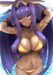  1girl armlet armpits bikini blush bracer breasts cleavage collarbone commentary_request cowboy_shot dark_skin facial_mark fate/grand_order fate_(series) gold_bikini hair_lift highres huge_breasts long_hair navel nitocris_(fate/grand_order) open_mouth purple_eyes purple_hair sidelocks smile solo string_bikini swimsuit untue very_long_hair water wet yellow_bikini 