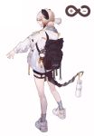  1girl absurdres alternate_costume arknights backpack bag commentary_request cookie_(ppyf5328) grey_legwear highres hood hooded_jacket horns ifrit_(arknights) jacket logo orange_eyes platinum_blonde_hair rhine_lab_logo solo tail twintails white_background white_footwear white_jacket 