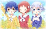  3girls :d ^_^ angora_rabbit animal animal_hug arm_up bangs blue_dress blue_eyes blue_hair blush bow braid brown_eyes brown_hair bunny candy closed_eyes commentary_request day deyui dress eyebrows_visible_through_hair facing_viewer fang field flower flower_field food gochuumon_wa_usagi_desu_ka? hair_between_eyes hair_bow hair_ornament highres index_finger_raised jouga_maya kafuu_chino lollipop long_sleeves looking_at_viewer matching_outfit multiple_girls natsu_megumi open_mouth outdoors petals pleated_dress red_dress sailor_collar sailor_dress short_twintails signature sleeves_past_wrists smile swirl_lollipop tippy_(gochiusa) twin_braids twintails upper_teeth white_bow white_sailor_collar x_hair_ornament yellow_dress yellow_flower younger 