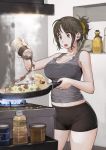  1girl black_hair black_legwear breasts brown_eyes cleavage commentary cooking eyebrows_visible_through_hair food frying_pan grey_shirt hair_ornament hair_scrunchie highres holding jun_(seojh1029) kitchen large_breasts navel open_mouth original ponytail pouring scrunchie shirt short_hair short_ponytail short_shorts shorts solo sweat tank_top thighs 