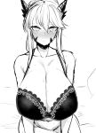  1girl artoria_pendragon_(all) artoria_pendragon_(lancer_alter) bare_shoulders black_bra blush bra breasts fate/grand_order fate_(series) frown highres horns huge_breasts lingerie long_hair looking_at_viewer megao_3rd monochrome navel plump shoulders sitting sketch thick_thighs thighs underwear white_eyes 