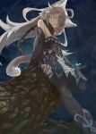  1girl ahoge animal_ear_fluff animal_ears aqua_eyes aqua_flower atalanta_(alter)_(fate) atalanta_(fate) bare_shoulders black_collar branch broken broken_chain chain clawed_gauntlets closed_mouth collar detached_sleeves fate/grand_order fate_(series) flower gauntlets grey_hair long_hair night night_sky outdoors rock sitting sky slit_pupils solo star_(sky) tail teke_(exploration) 