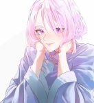  1boy chin_rest closed_mouth clothing_request commentary eyebrows_visible_through_hair hair_between_eyes highres lala_no_kekkon lips looking_at_viewer matsunaga777 otoko_no_ko pink_lips purple_eyes purple_hair ramudan simple_background smile solo upper_body white_background 