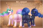  2020 anus augustbebel big_butt big_teats border butt cutie_mark digital_media_(artwork) dock duo english_text equid eyebrows eyelashes female feral friendship_is_magic genitals hasbro hi_res horn looking_at_viewer mammal my_little_pony princess_celestia_(mlp) princess_luna_(mlp) puffy_anus pussy sibling sister sisters smile teats text thick_thighs url white_border winged_unicorn wings 