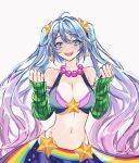  1girl absurdres arcade_sona breasts cleavage cowboy_shot earrings eyebrows_visible_through_hair gradient_hair green_sleeves hair_ornament hairclip hanacues hands_up highres jewelry league_of_legends long_hair long_sleeves looking_at_viewer multicolored_hair navel necklace open_mouth rainbow_order simple_background sleeves_past_wrists solo sona_buvelle star_(symbol) star_earrings twintails upper_body white_background 