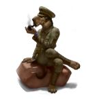  2017 airedale_terrier anthro belt_pouch black_nose canid canine canis clothing domestic_dog fur hat headgear headwear hunting_dog male mammal military military_cap military_clothing military_uniform nails pimpartist pipe rock simple_background sitting smoke smoke_pipe smoking_pipe solo terrier traditional_media_(artwork) uniform white_background world_war_1 