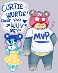  2020 animal_crossing anthro belly blue_body blue_fur blush bodily_fluids clothing curt_(animal_crossing) duo english_text fur hand_holding hi_res male mammal nintendo overweight overweight_male scribblinglee shirt simple_background sweat text topwear ursid video_games 