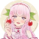  1girl blue_eyes blush cherry_blossom_print cherry_hair_ornament floral_print food food_themed_hair_ornament fruit hair_ornament hairband hand_up holding holding_food holding_fruit holding_hair_ornament leaf long_hair looking_at_viewer lowres megurine_luka nail_polish open_mouth pink_hair pink_nails raputsue sakura_luka shirt smile solo upper_body vocaloid white_shirt 