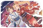  2girls bangs beatrix_(granblue_fantasy) belt belt_buckle blonde_hair blue_eyes braid braided_ponytail brown_hair buckle candy_apple commentary_request dutch_angle english_text fireworks floral_print flower food granblue_fantasy green_eyes hair_bun hair_flower hair_ornament headband holding holding_food japanese_clothes kimono kinchaku long_ponytail long_sleeves looking_at_viewer multiple_girls obi open_mouth parted_bangs pouch sash shimatani_azu side_ponytail sidelocks swept_bangs teeth wide_sleeves yukata zeta_(granblue_fantasy) 