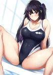  1girl absurdres bangs bare_shoulders black_hair blue_scrunchie blush breasts cameltoe cleavage cove covered_navel crotch_seam highleg highleg_swimsuit highres kusahagane large_breasts long_hair looking_at_viewer mole mole_under_eye one-piece_swimsuit original parted_lips poolside scrunchie sitting soaking_feet solo spread_legs swimsuit 