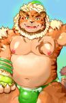  2020 absurd_res anthro belly blue_background bulge clothing felid green_eyes hi_res hombretigre kemono male mammal moobs navel nipples overweight overweight_male pantherine pikaqoo scar simple_background solo tiger tokyo_afterschool_summoners underwear video_games 