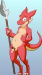  anthro balls belt_on_penis biped circumcised claws digital_media_(artwork) genitals hi_res horn humanoid_genitalia humanoid_penis kobold kory_kobold korykobold looking_at_viewer male melee_weapon nipples nude open_mouth penis polearm reptile scalie simple_background smile solo spear standing toe_claws weapon 