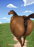  anus big_butt blue_eyes butt equid equine female feral fisheye_lens genitals horse huge_butt looking_away mammal nikuyoku outside pussy solo 