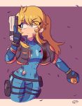  1girl absurdres bandaged_arm bandages blood blue_bodysuit blue_bow bodysuit bow commentary cropped_jacket cuts earrings english_commentary explosive grenade gun handgun highres holding holding_gun holding_weapon holster injury jewelry long_hair metroid mole mole_under_mouth peachyboi pistol ponytail samus_aran sidelocks solo thigh_gap thigh_holster thigh_strap torn_bodysuit torn_clothes trigger_discipline weapon zero_suit 
