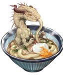  absurdres bowl chopsticks claws dragon eating egg egg_yolk food highres holding holding_chopsticks holding_spoon monster no_humans noodles original ramen simple_background sitting solo spoon tapioka_chaso udon white_background yellow_eyes 