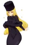  1girl absurdres black_dress black_headwear blonde_hair coat commentary dress ginga_tetsudou_999 hat highres long_hair looking_at_viewer maetel original red_eyes simple_background slugbox smile solo star_(symbol) white_background 