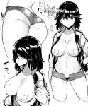  1girl absurdres ass back breasts cleavage freedom_nakai greyscale hair_between_eyes hand_in_hair heart heart-shaped_pupils heart_pasties highres jacket kill_la_kill looking_at_viewer matoi_ryuuko medium_hair micro_shorts monochrome navel pasties shorts simple_background sweat symbol-shaped_pupils thong white_background 