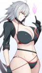  1girl absurdres ahoge bangs belt bikini black_bikini black_choker black_gloves black_jacket breasts choker cleavage closed_mouth collarbone cropped_jacket fate/grand_order fate_(series) gloves highres jacket jeanne_d&#039;arc_(alter_swimsuit_berserker) jeanne_d&#039;arc_(fate)_(all) large_breasts long_hair long_sleeves navel o-ring profile seino_(sasakike1305) shrug_(clothing) silver_hair simple_background smile swimsuit very_long_hair yellow_eyes 