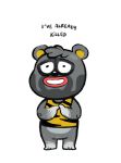  2020 animal_crossing anthro barold_(animal_crossing) beard black_body black_fur black_nose chibi clothing english_text facial_hair flyingrotten fur hi_res male mammal nintendo shirt simple_background solo text topwear ursid video_games white_background 