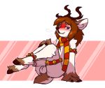  anthro antlers armband balls bell blue_eyes blush bodily_fluids breath brown_body brown_fur brown_hair butt capreoline cervid cloven_hooves erection fur genital_fluids genitals hair hooves horn jingle_bell legband legs_up looking_at_viewer male mammal mewgle multicolored_body multicolored_fur nude penis precum presenting presenting_penis reindeer scarf sen_(mewgle) simple_background smile solo two_tone_body two_tone_fur white_body white_fur 