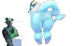  absurd_res anthro big_butt blush butt canid canine canis clothing curvy_figure duo eeveelution female genitals goon_(goonie_san) goonie-san headgear headwear hi_res humanoid_genitalia humanoid_pussy looking_back male male/female mammal nintendo pok&eacute;mon pok&eacute;mon_(species) pussy shirt smile surprised_expression text thick_thighs topwear vaporeon video_games wolf 