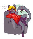  anthro ashley_(mewgle) blonde_hair blush bottomless chair christmas clothed clothing dialogue domestic_cat english_text eyewear felid feline felis female fur furniture genitals glasses grey_body grey_fur hair holidays looking_at_viewer mammal mewgle mistletoe pink_nose plant presenting presenting_pussy pussy raised_leg seductive simple_background sitting smile solo sweater text topwear yellow_eyes 