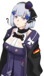  1girl ? absurdres bangs breasts girls_frontline hair_ribbon hat highres hk416_(girls_frontline) jacket looking_at_viewer medium_breasts medium_hair military military_hat military_uniform natawaru purple_eyes ribbon rpk-16_(girls_frontline) silver_hair solo uniform white_background 