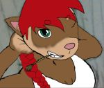  aelfi_mistreed_(character) anthro braided_ponytail brown_body brown_fur clothed clothing dexalot domestic_ferret female fur green_eyes hair looking_away looking_up mammal mustela mustelid musteline portrait red_hair solo straw_in_mouth toothy_grin 