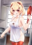  1girl :q animal_ears animal_print apron arknights bangs bare_arms bare_shoulders bear_ears bear_print blonde_hair blush breasts candy_hair_ornament cleavage collarbone commentary cowboy_shot dated eyebrows_visible_through_hair faucet food_themed_hair_ornament frying_pan gummy_(arknights) hair_ornament hairclip hand_up highres holding holding_frying_pan indoors large_breasts looking_at_viewer naked_apron orange_legwear red_eyes short_hair signature smile solo standing thighhighs tongue tongue_out white_apron yatsucchie 