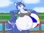  2020 4:3 absurd_res accessory anthro ball beach_ball belly big_belly blue_body blue_fur blue_hair bra canid canine clothing female fox fur fur_markings green_eyes hair hair_accessory hairband hi_res krystal looking_at_viewer mammal markings navel nintendo nipple_outline outie_navel panties pregnant smile solo star_fox swimming_pool swimwear tail_ring translucent translucent_clothing underwear undyingwolf video_games white_body white_fur white_markings 