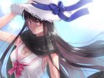  1girl bangs black_hair black_scarf breasts cleavage fate/grand_order fate_(series) hat koha-ace large_breasts long_hair looking_at_viewer omizu_(mimisyumikan) open_mouth oryou_(fate) pink_eyes scarf sun_hat very_long_hair white_headwear 