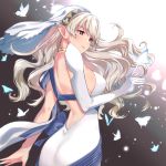  1girl bug butterfly closed_mouth corrin_(fire_emblem) corrin_(fire_emblem)_(female) dress elbow_gloves fire_emblem fire_emblem_fates fire_emblem_heroes gloves insect long_hair misu_kasumi pointy_ears red_eyes single_elbow_glove solo white_dress white_gloves white_hair 