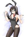  1girl akimoto_dai animal_ears black_hair breasts bunny_ears bunny_tail bunnysuit cleavage clipboard commentary_request cowboy_shot dated detached_collar green_eyes hairband highres kantai_collection long_hair medium_breasts necktie ooyodo_(kantai_collection) pantyhose pen red_neckwear semi-rimless_eyewear small_breasts solo standing tail twitter_username under-rim_eyewear white_background wrist_cuffs 