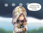  1girl artist_name breasts chibi cleavage cloak coat english_commentary english_text evomanaphy fire_emblem fire_emblem_heroes gold_trim highres hood hooded_cloak kiran_(fire_emblem) outdoors red_eyes white_coat 