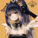  1girl alternate_costume animal_ear_fluff animal_ears arknights arm_up armpits bangs black_gloves blue_hair blue_hairband blush breasts brown_eyes cat_ears chinese_commentary cleavage commentary_request frills gloves hairband haitaixiaobinggan_sedge head_tilt highres jessica_(arknights) long_hair looking_at_viewer medium_breasts orange_background simple_background smile solo upper_body 