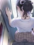  1boy 1girl against_door ass back between_buttocks black_hair bow buttjob collared_shirt door erection from_behind grinding hair_bow half-closed_eye hetero highres matsukawa_(pale_scarlet) original pants plaid plaid_skirt ponytail pov school_uniform shirt short_sleeves skirt standing window 