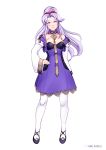  1girl absurdres artist_name closed_mouth cosplay dress fire_emblem fire_emblem:_genealogy_of_the_holy_war fire_emblem:_three_houses full_body highres idle_antics long_hair long_sleeves lysithea_von_ordelia lysithea_von_ordelia_(cosplay) ponytail purple_eyes purple_hair simple_background smile solo tailtiu_(fire_emblem) white_background white_legwear 