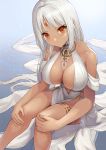  1girl azur_lane bare_legs bare_shoulders breasts choker cleavage dark_skin dress facial_mark forehead_mark jewelry large_breasts looking_at_viewer massachusetts_(azur_lane) massachusetts_(dressed_to_impress)_(azur_lane) mokyumokyuchan necklace red_eyes revealing_clothes silver_hair solo thighlet thighs white_dress 