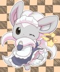  apron black_eyes checkered checkered_background cinccino closed_mouth clothed_pokemon commentary_request dress gen_5_pokemon grey_dress highres looking_at_viewer maid maid_apron maid_dress maid_headdress no_humans one_eye_closed pokemon smile solo standing standing_on_one_leg star_(symbol) wadorigi white_apron white_headdress 