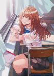  black_skirt blue_neckwear brown_eyes chair classroom crossed_arms desk eyebrows_visible_through_hair fly_(marguerite) highres long_hair looking_at_viewer original red_hair shirt sitting skirt smile textbook white_shirt wind window 