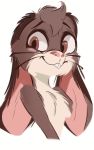  2020 anthro brown_body brown_eyes brown_fur buckteeth ears_down female fur half-length_portrait head_tuft hi_res lagomorph leporid mammal pink_nose pivoted_ears portrait rabbit simple_background smile solo teeth tohupo tuft whiskers white_background white_body white_fur 