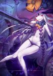  1girl abigail_williams_(fate/grand_order) absurdres breasts commentary emaciated english_text fate/grand_order fate_(series) grin hat hei_huo_chong highres holding_key key keyhole knees_together_feet_apart long_hair looking_at_viewer lowleg lowleg_panties pale_skin panties red_eyes revealing_clothes small_breasts smile solo teeth thigh_gap underwear v-shaped_eyebrows very_long_hair white_hair witch_hat 