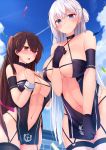  2girls :o absurdres azur_lane bangs bare_hips bare_shoulders black_gloves black_legwear blue_eyes blue_sky blunt_bangs blush breasts brown_eyes brown_hair center_opening cleavage closed_mouth clothes_writing cloud collarbone commentary_request confetti cowboy_shot day earrings eyebrows_visible_through_hair gloves halterneck hand_on_own_chest hands_on_own_chest highres jewelry large_breasts long_hair multiple_girls navel one_side_up open_mouth outdoors race_queen revealing_clothes shoukaku_(azur_lane) silver_hair sky smile stomach stud_earrings thighhighs u_ronnta very_long_hair white_legwear wrist_cuffs zuikaku_(azur_lane) 
