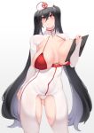  1girl areolae azur_lane bikini bikini_top black_hair breasts clipboard dantes_ward gradient gradient_background grey_background highres huge_breasts large_areolae long_hair looking_at_viewer nurse panties red_bikini red_eyes red_panties revealing_clothes smile solo swimsuit taihou_(azur_lane) thighs twintails underwear very_long_hair white_panties 