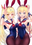  2girls :d akai_haato animal_ears black_legwear blonde_hair blue_eyes blush breasts bunny_ears bunny_tail bunnysuit detached_collar fang hair_ornament hand_on_hip heart heart_hair_ornament heterochromia highres hololive hoshikawa_sara large_breasts long_hair multiple_girls nijisanji open_mouth pantyhose red_eyes sailor_collar side_ponytail simple_background smile tail x_hair_ornament yellow_eyes yoshiheihe 