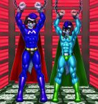 abs anthro blue_clothing blue_footwear blue_hair brother brothers bulge canid canine canis chained clothing domestic_dog eldiman footwear front_view green_clothing green_footwear hair hi_res male male_focus mammal muscular muscular_male sibling superhero tight_clothing 