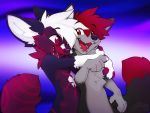  2020 4:3 anthro canid canine digital_media_(artwork) duo fox fur grey_body grey_fur hair magenta7 male mammal nude open_mouth red_eyes red_hair smile standing teeth tongue 