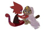  3:2 aknssmr animal_crossing beaver bedding blanket blonde_hair blush buckteeth c.j._(animal_crossing) chameleon chibi choker flick_(animal_crossing) freckles goth hair hi_res jewelry lizard male male/male mammal necklace nintendo red_body red_scales reptile rodent romantic_ambiance romantic_couple scales scalie teeth video_games 