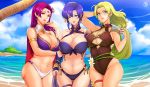  3girls armlet bikini blonde_hair blue_eyes blue_hair blue_sky breasts brunnya_(fire_emblem) celina_(fire_emblem) cleavage closed_mouth cloud day earrings fire_emblem fire_emblem:_the_binding_blade fire_emblem:_the_blazing_blade fire_emblem:_the_sacred_stones fire_emblem_heroes flower hair_flower hair_ornament highres jewelry large_breasts long_hair multiple_girls navel outdoors parted_lips purple_eyes purple_hair revolverwing short_hair sky swimsuit thigh_strap ursula_(fire_emblem) water 